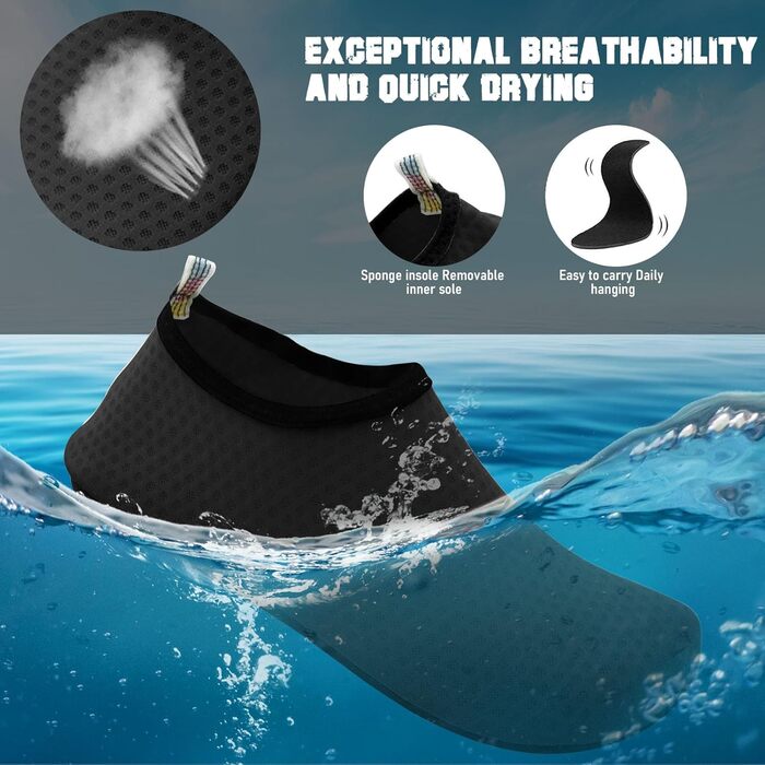 Водні черевики для чоловіків та жінок. Швидковисихаючі, дихаючі, спортивні аквашузи для плавання, йоги та відпочинку на пляжі. Розміри 34-45 EU, чорний колір