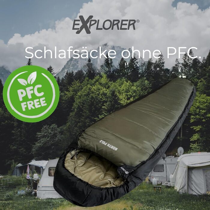 Спальний мішок Explorer® Northpole -21°C / -4°C, 300GSM, 3-4 сезони, зимовий, мумія, водонепроникна основа, YKK, для кемпінгу та подорожей