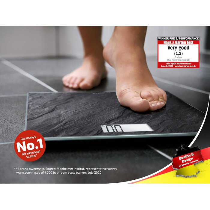 Електронна вага Soehnle Style Sense Compact 300 Slate, чорна, LCD-дисплей, плоский дизайн, велика платформа, максимальна вага 180 кг