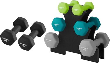 Гантелі SONGMICS набір 2 x 5 кг, з підставкою, 2 x 1 кг, 2 x 2 кг, 2 x 3 кг, для силових тренувань вдома, в офісі чи спортзалі, чорні, лаймові, бірюзові, світло-сірі