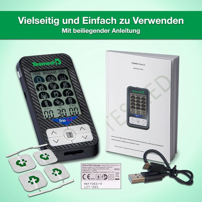 TESMED Trio 6.5: Електричний м'язовий стимулятор з USB-зарядкою - 36 програм, 40 рівнів інтенсивності, 4 електроди - EMS, TENS та масаж для фітнесу та зняття болю