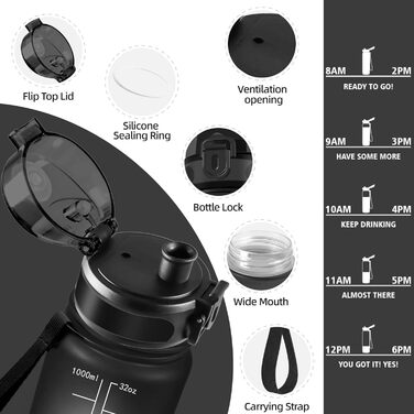 Фляга для води HoneyHolly 1л з фільтром, з маркуванням часу, чорно-червона, для спорту, вело, йоги, активного відпочинку