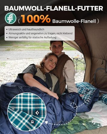 Спальний мішок KingCamp для 2 осіб з фланелі, зимовий, теплий, 3-4 сезони, з 2 подушками, для кемпінгу та відпочинку на природі, синій