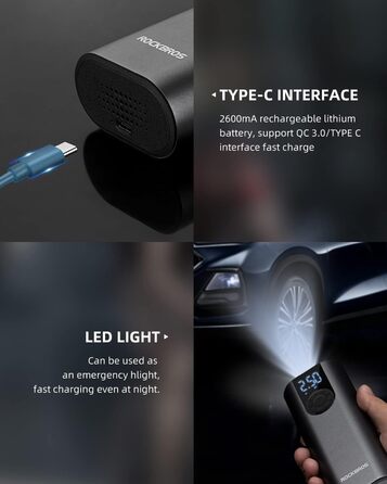 ROCKBROS Електричний насос-автокомпресор 2600mAh, 150PSI для авто, мото, велосипедів, м'ячів з LED та датчиком тиску
