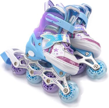 Дитячі ролики-інлайнери LED з регулюванням, фіолетовий, русалка. Зручні ролики для перших спроб катання, з підсвічуванням та змінним розміром.