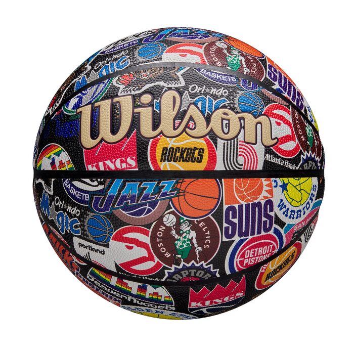 М'яч для баскетболу Wilson NBA All Team Retro, розмір 7. Ретро дизайн, технологія Dual Depth, поверхня Pure Feel, покращена повітряна утримання, класичні логотипи Hardwood.