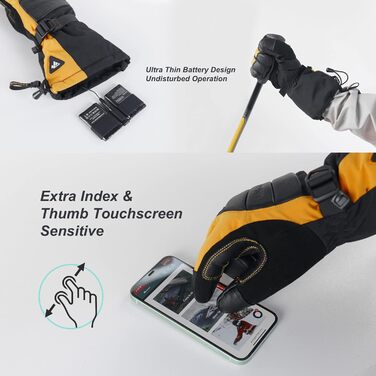 Унігір нагрівні рукавички з швидкою зарядкою для жінок та чоловіків, нагріваючі зимові рукавички з 3 рівнями нагріву, водонепроникні з підтримкою сенсорного екрану для катання на лижах, хвороби Рейно та роботи на відкритому повітрі (жовто-чорні, XL)