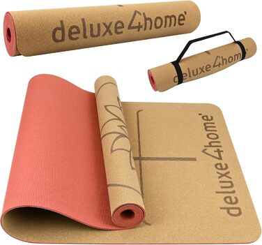 Йога мат для фітнесу Deluxe4Home® з корку, TPE, з ручкою для перенесення, з лінійками для вирівнювання, червоний