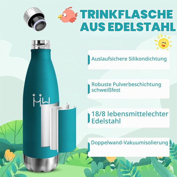 Термос-пляшка HoneyHolly з нержавіючої сталі 500 мл, герметична спортивна пляшка для води та напоїв, без BPA, мохово-зелена