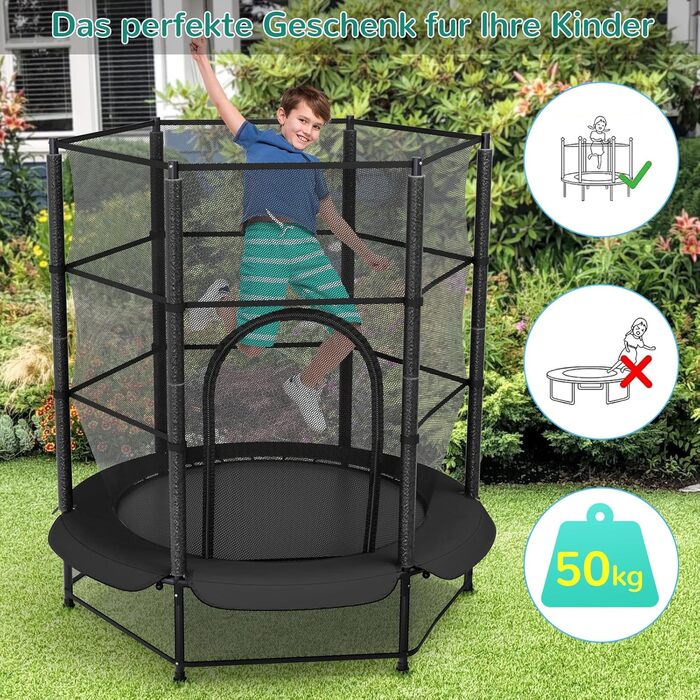 Батут для дітей LIFERUN Ø140 см з сіткою безпеки, для саду та дому, до 50 кг, чорний