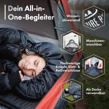 Спальний мішок з рукавами Nature Rovers – дорослий, для кемпінгу та відпочинку на природі (3 сезони), водонепроникний, з отворами для ніг, включає подушку, чорний