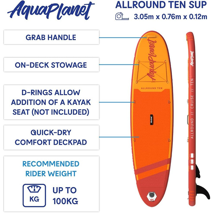 Надувна SUP-дошка AQUAPLANET Allround Ten 305 см для початківців і експертів, комплект: весло, плавник, насос, ремкомплект, рюкзак, страхувальний лиш, сухий мішок, ремінь для перенесення, помаранчева