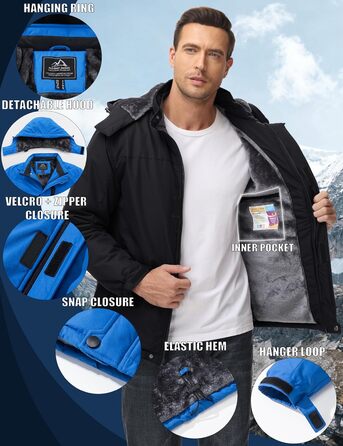 Чоловіча куртка MAGCOMSEN для сноубордингу та катання на лижах, тепла флісова куртка, водонепроникна, вітрозахисна, для активного відпочинку, знімний капюшон, чорний, XL