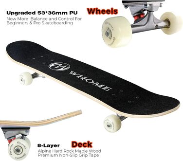 Скейтборд WHOME Pro 31x8 дюймів для дорослих і дітей, кленовий дек Alpine, ABEC-9, з T-Tool, для початківців і профі