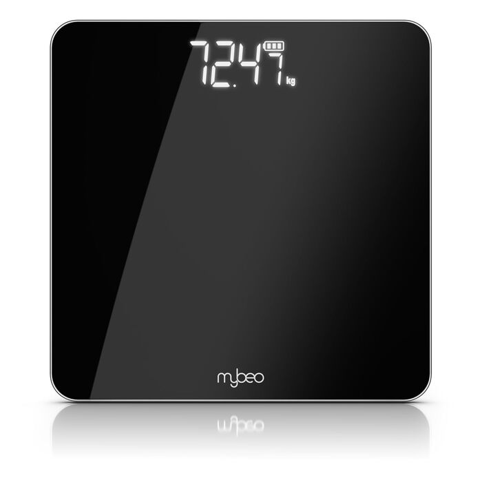 Електронні ваги MyBeo - ваги для тіла зі скла, 5-180 кг, великий LCD дисплей, kg/lb, датчики DMS, скло 6 мм, автоматичне вмикання, чорний колір