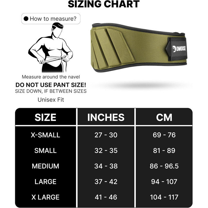 Пояс для важкої атлетики DMoose з системою самоблокування - для чоловіків та жінок - для фітнесу, важкої атлетики, бодібілдингу, кросфіту (зелений, обхват талії 93-101 см (Large))