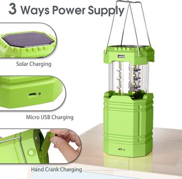 Сонячна кемпінгова лампа з ручним заводом, LED ліхтарик, 3000mAh Power Bank, водонепроникна для кемпінгу та подорожей (зелена)
