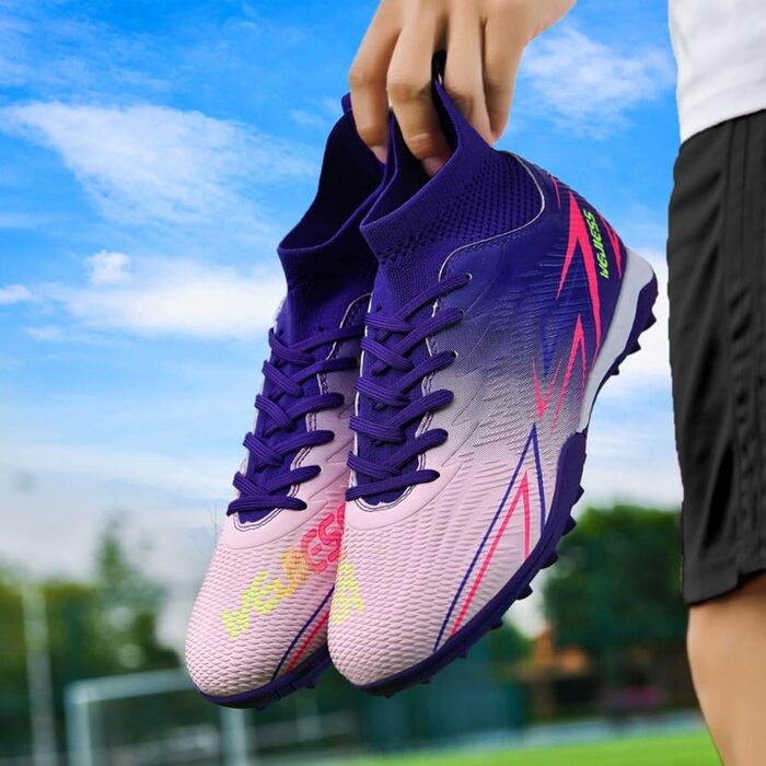 Черевики для футболу чоловічі та дитячі з високим верхом, TF, для занять спортом та футболу, розмір 34 EU, фіолетовий колір