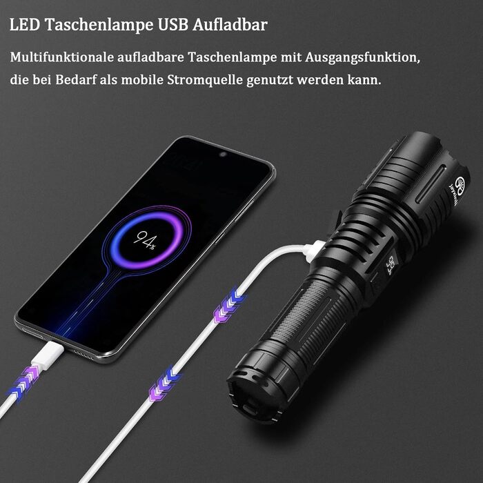 Ліхтар Jayxinli 500000 Люмен: Потужний LED ліхтар USB, 5 режимів, тактичний для кемпінгу та надзвичайних ситуацій