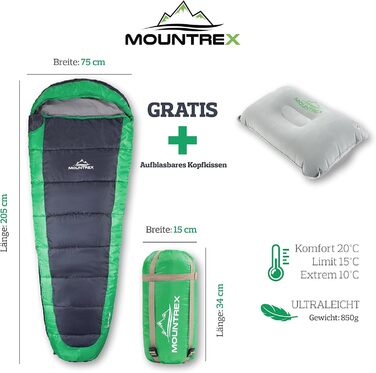 Сплячий мішок MOUNTREX® – ультралегкий та компактний (850г) – для відпочинку на природі, літній спальний мішок, мумієподібний (205x75 см) – малий об'єм при згортанні, легкий – для підлітків та дорослих + подарунок: надувне зелене подушечка для подорожей