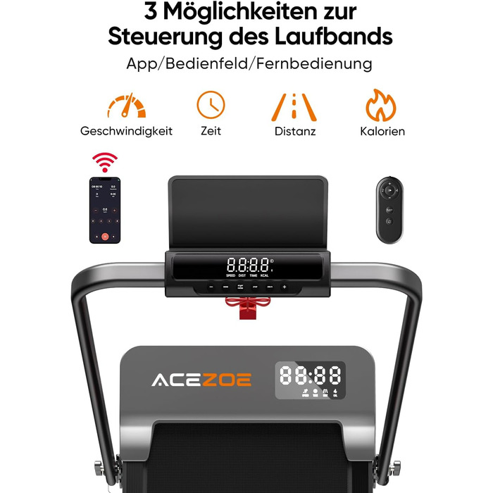 Біговий тренажер 6 в 1 для дому, складний, з регулюванням нахилу 10% та ручками. Макс. вантажність 135 кг, LED-дисплей, пульт дистанційного керування та додаток. Чорний та сірий.