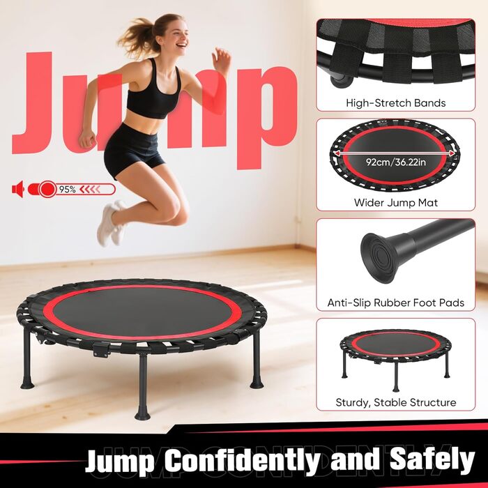 Трамплін для фітнесу в приміщення, складаний, Ø101см, до 150 кг, стабільний та тихий, для дорослих (червоний)