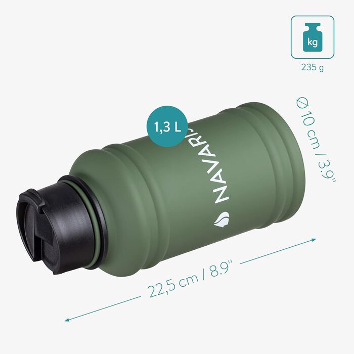 Спортивна пляшка Navaris 1,3 л з нержавіючої сталі, темно-зелена, для фітнесу та тренажерної зали