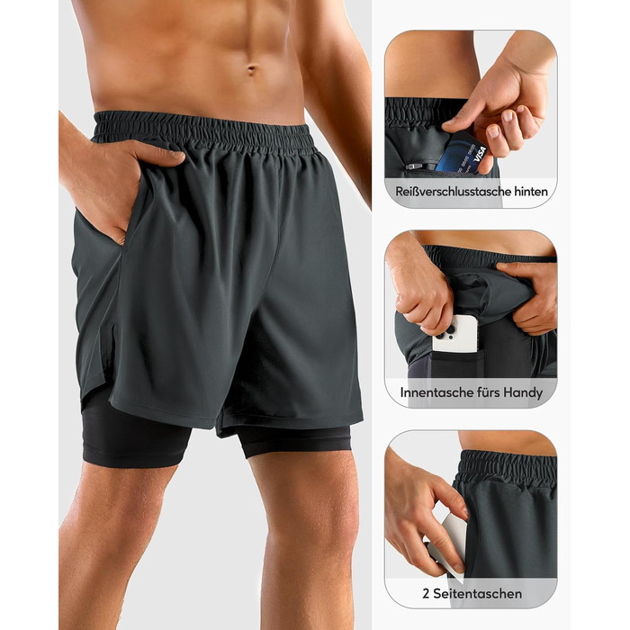 Шорти чоловічі Niksa 2er Pack 2-в-1: спортивні, швидковисихаючі, дихаючі, з кишенею для телефону (XL, сірий)