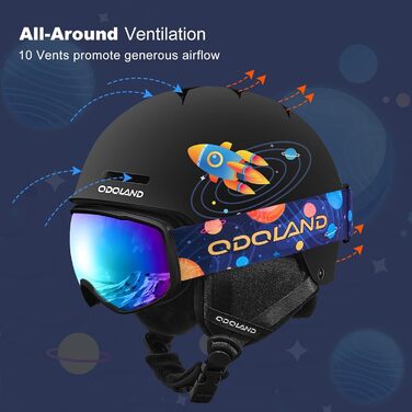 Дитячий гірськолижний шолом та маска Odoland, гірськолижний шолом для хлопчиків та дівчаток, регульований, чорний, з дизайном ракети (54-56 см)