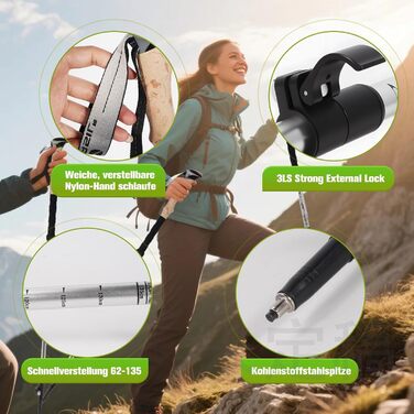 Телескопічні палиці для скандинавської ходьби Nordic Walking з корковими ручками, алюмінієві регульовані палиці для хайкінгу та прогулянок, 62–135 см, чорні (Upgrade 2025)