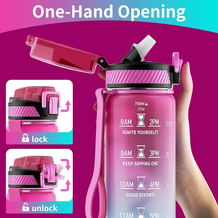 Водна пляшка Tritan 1л без BPA з трубочкою, спортивна, витікання, з маркуванням часу та щіткою, для фітнесу, школи, йоги, активного відпочинку (1 шт.) (750 мл, фіолетово-зелений)