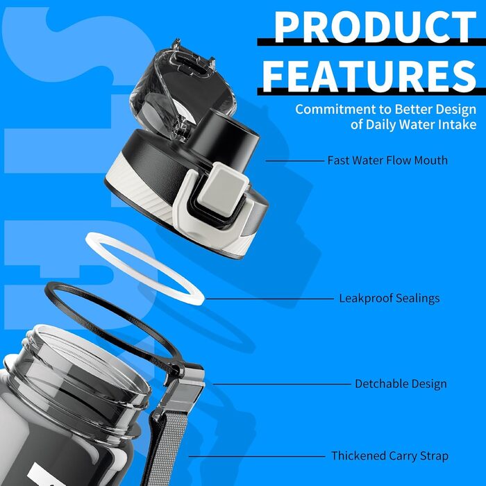 Спортивна пляшка для води 1л Tritan без BPA з міткою часу, сіра (1000 мл)