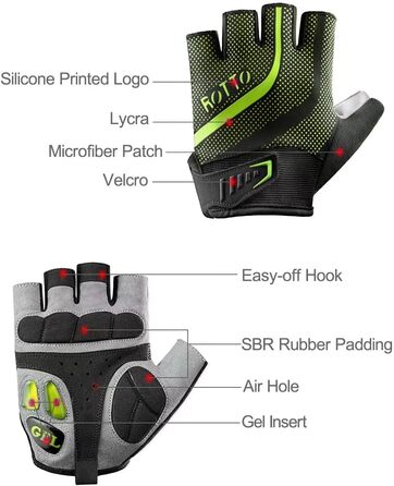ROTTO Велосипедні рукавички напівпальці унісекс для шосе, фітнесу, даунхілу з гелевою амортизацією (4-Чорний-Зелений, L)