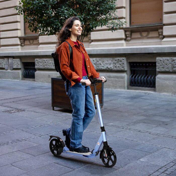 Дитячий складний самокат для дітей 8-15 років з великими колесами 200 мм, дисковими гальмами та регульованою висотою, синій