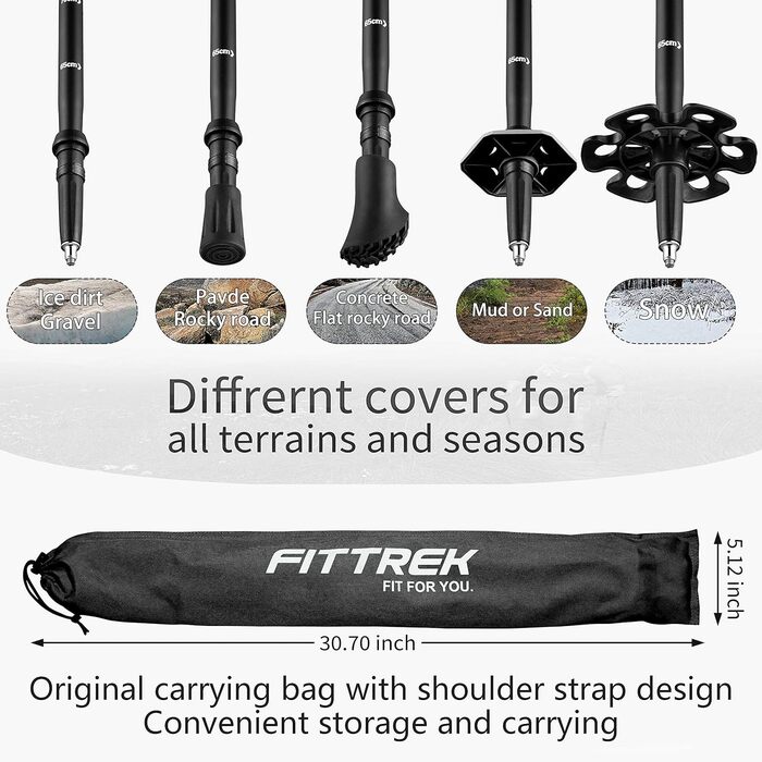 Дитячі телескопічні палиці для скандинавської ходьби та трекінгу FitTrek, регульовані, легкі (чорні) з гумовими наконечниками та сумкою