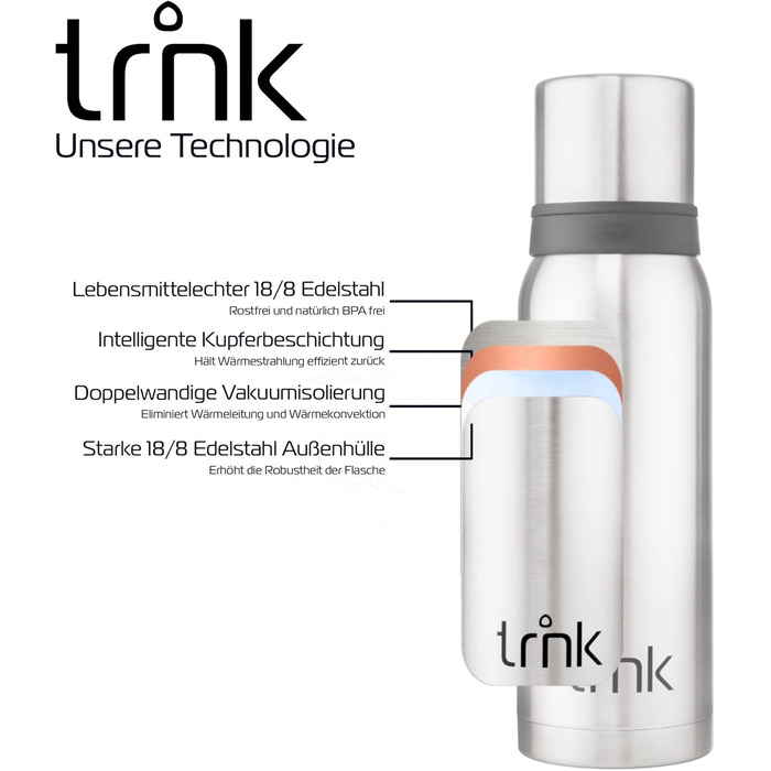 Термос trnk Outdoor Arktis 2, нержавіюча сталь, 1200 мл, BPA-free, 32 год гарячий, кришка з 2 чашками, для походів, можна мити в посудомийці