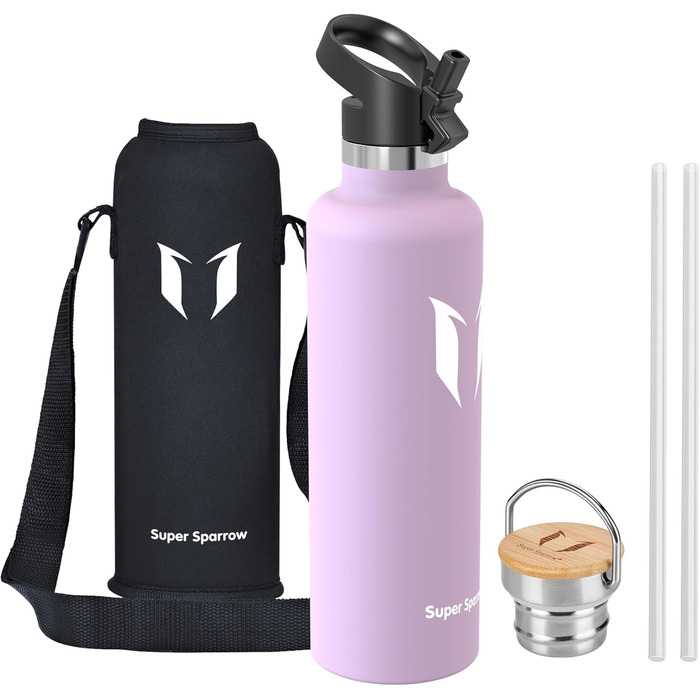 Термос-пляшка Super Sparrow з нержавіючої сталі - 350/500/620/750/1000 мл - Без витоку, BPA-Free. Ідеально для дітей, спорту, школи, фітнесу. З двома кришками (1000 мл, з квітковим дизайном)