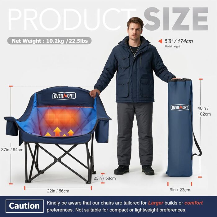 Обідній стілець для кемпінгу OVERMONT з підігрівом XL, розкладний, для відпочинку на природі, риболовлі, блакитний