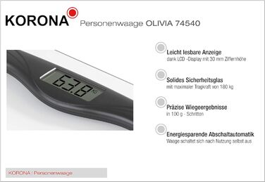 Ваги підлогові Korona OLIVIA 74540, електронні, скляні, 180 кг, LCD-дисплей, чорні, батарейки в комплекті