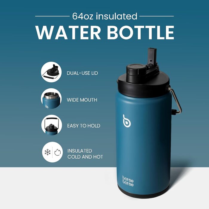 Термос пляшка BOTTLE BOTTLE 1.8 л з трубочкою, пігулочницею, ручкою та кришкою, з нержавіючої сталі для спорту та подорожей, темно-синя