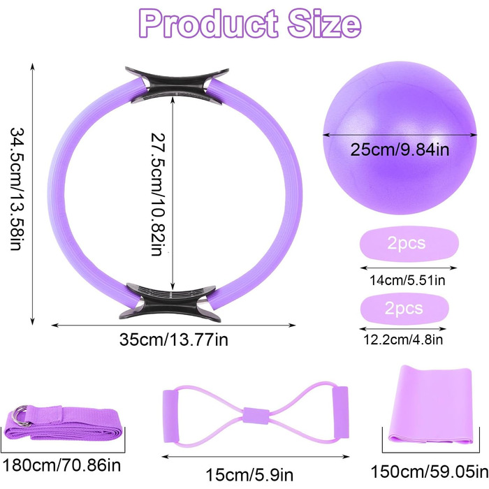 Набір для пілатесу вдома: м'яч 25 см, кільце, стрічка, гумки. Набір аксесуарів для пілатесу. Фіолетовий колір