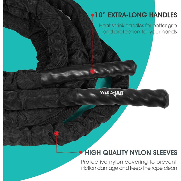 Бійковий канат Yes4All 15м, діаметр 50мм, з захисним покриттям та анкерним кріпленням для тренувань