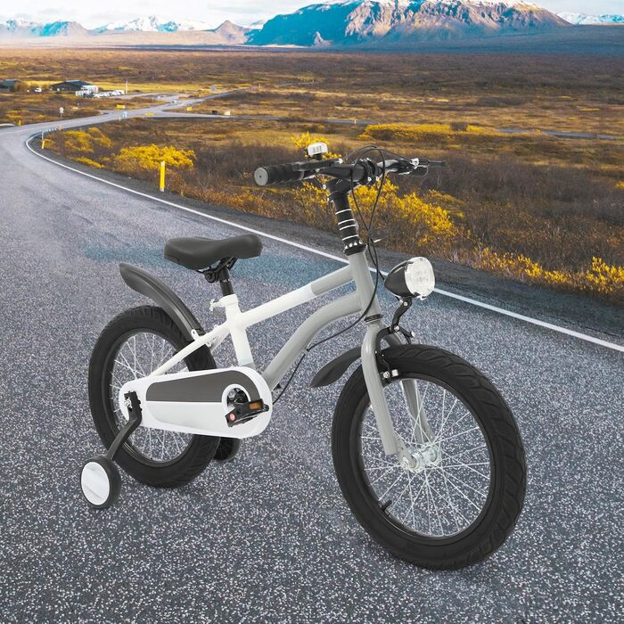Дитячий велосипед 16 дюймів для хлопчиків та дівчаток, сталевий, 5-8 років, з додатковими колесами та регулюванням висоти (сірий+LED-ліхтар)