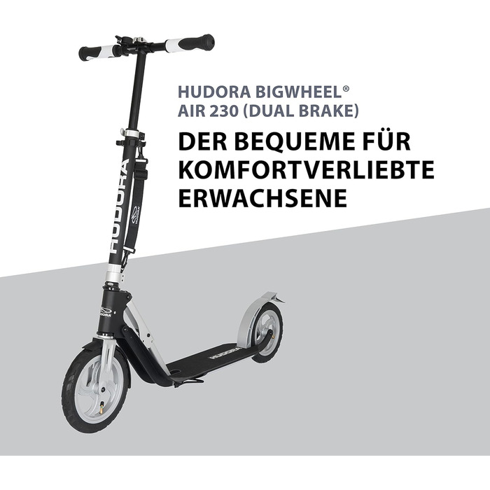 Самокат HUDORA BigWheel Air 230 з ручним гальмом, алюмінієвий, надувні колеса, міський, регулювання висоти, до 120 кг