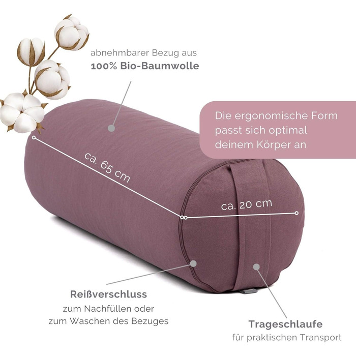 Болстер для йоги Bodhi ECO, 100% біобавовна, з наповнювачем із органічної лузги спельти, круглий, антрацит, 65x20 см, для відновлювальної йоги