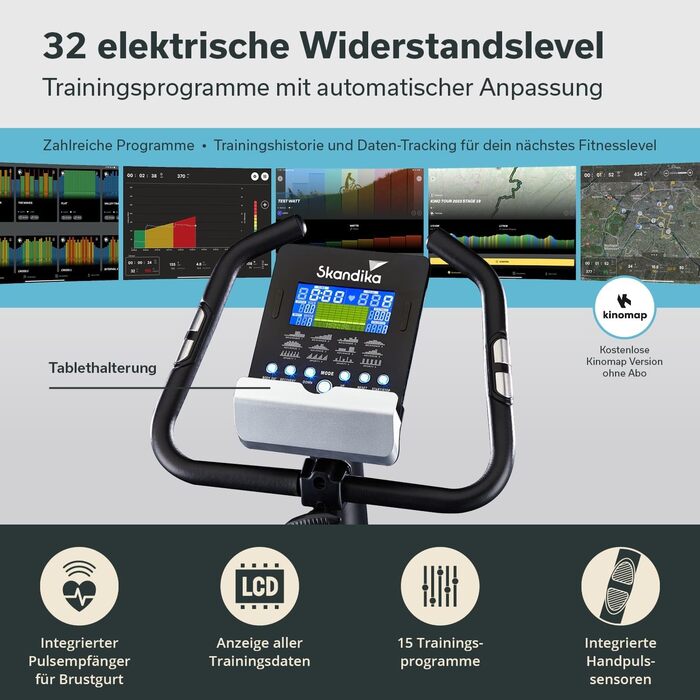 Ергометр Skandika Atlantis: велотренажер з керуванням через додаток (Kinomap, iConsole), Bluetooth, 10 кг маховик, вимірювання пульсу та жиру, 32 рівні навантаження, тихий, з транспортувальними колесами, до 150 кг
