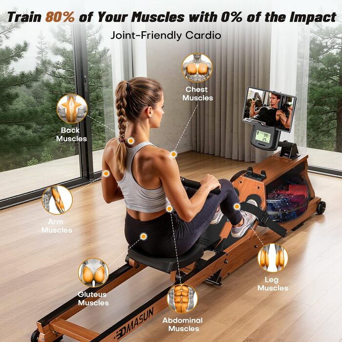 DMASUN Ручний тренажер для дому з магнітним опором, подвійні направляючі, LCD-дисплей, 16 рівнів опору, до 160 кг, вологостійкий (натуральне дерево)