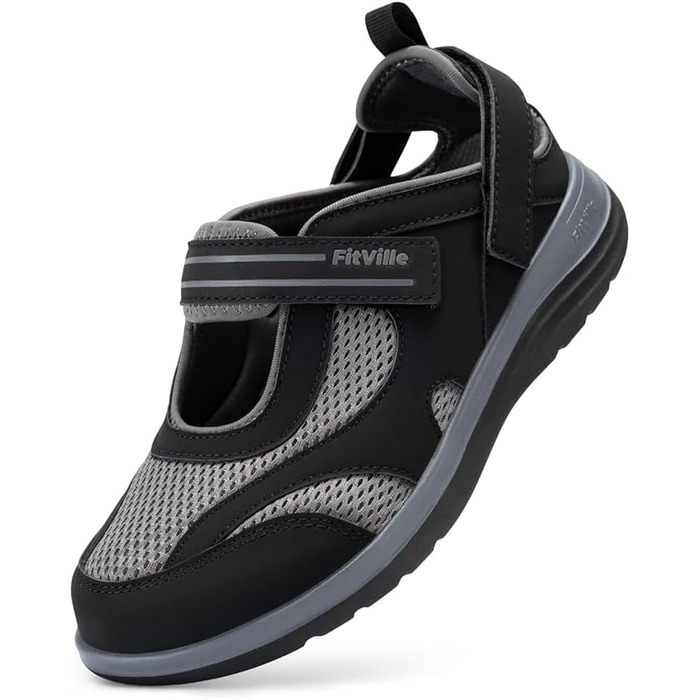 Сндалі для жінок FitVille з широкою колодкою для літніх місяців, модель Mary Jane, з застібкою на липучці (42.5 EU, чорні)