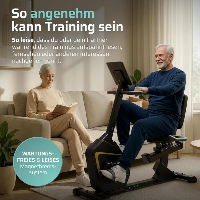 Велотренажер SportPlus Liegeheimtrainer: Ергометр з магнітною гальмом, LCD-дисплеєм, вимірюванням пульсу, до 150 кг, чорний/сонячний (сумісний з додатком)