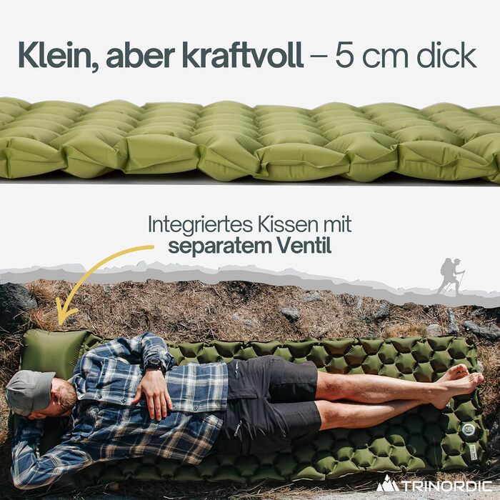 Надувна ізольована килимок TRINORDIC 550g з подушкою - для кемпінгу, трекінгу та бікпакінгу, компактний, Waldgrün